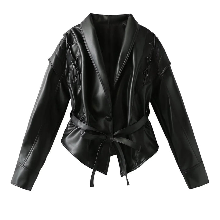 Ladies short jacket made of suede look with wrap belt, shawl collar and lacing detail