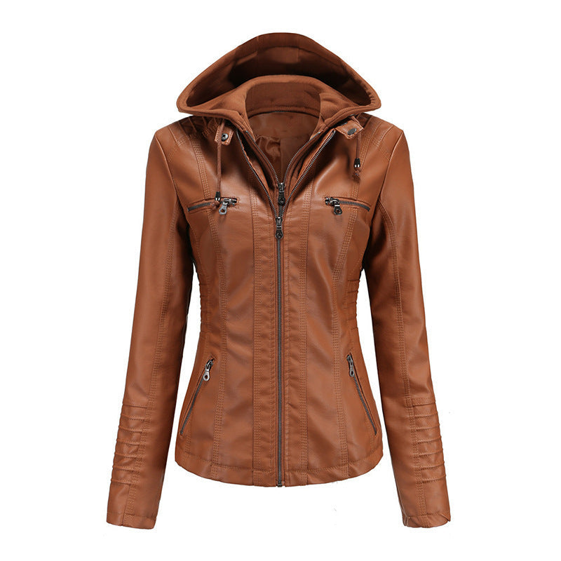 Women Tailored Faux Leather Jacket with Removable Hood and Zip