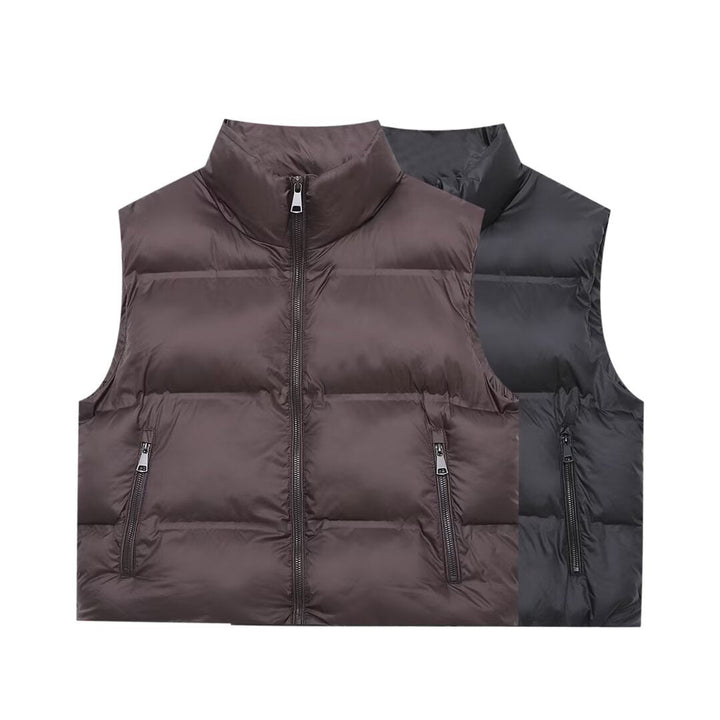 Ladies Padded Cropped Quilted Vest with High Stand-Up Collar and Zip Pockets