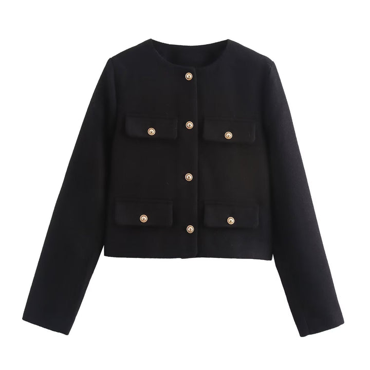 Women Short Boucle Blazer Jacket with Round Neck, Decorative Pocket Flaps, and Gold-Coloured Buttons