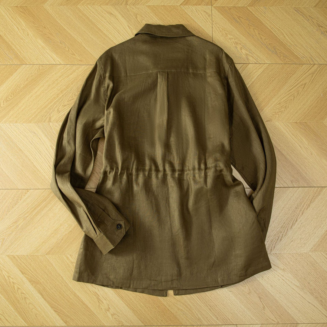 Ladies utility jacket made of linen blend with drawstring, patch pockets and shirt collar