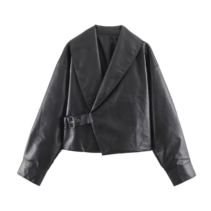 Women Short Oversized Faux Leather Jacket with Wide Shawl Collar and Belt