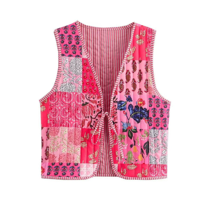 Women Patchwork Vest with Tie Band and V-Neck