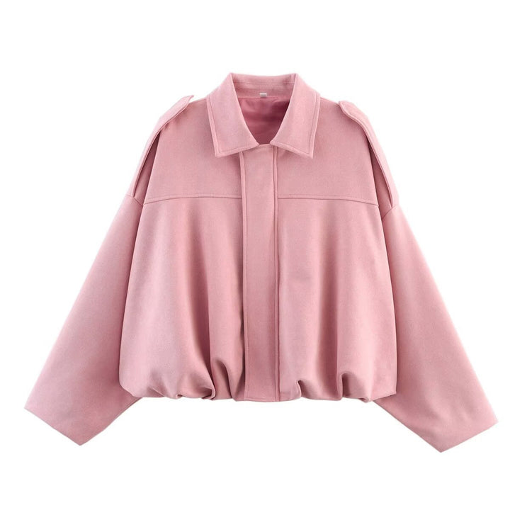 Women Cropped Oversized Blouson Jacket in Velour Look with Drawstring Hem and Epaulettes
