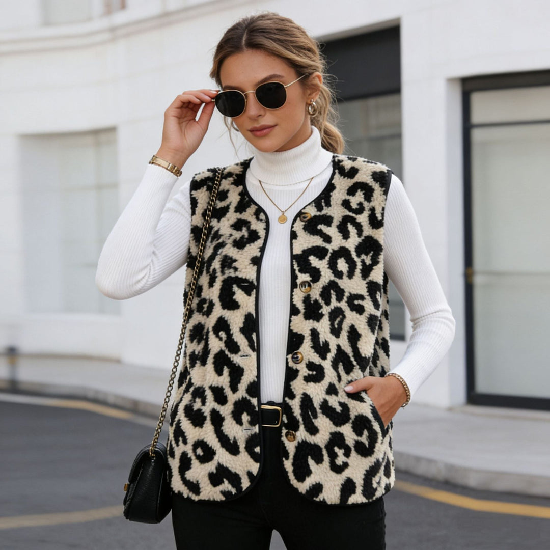 Women Sleeveless Teddy Vest with Leo Pattern, Button Placket and Curved Hem