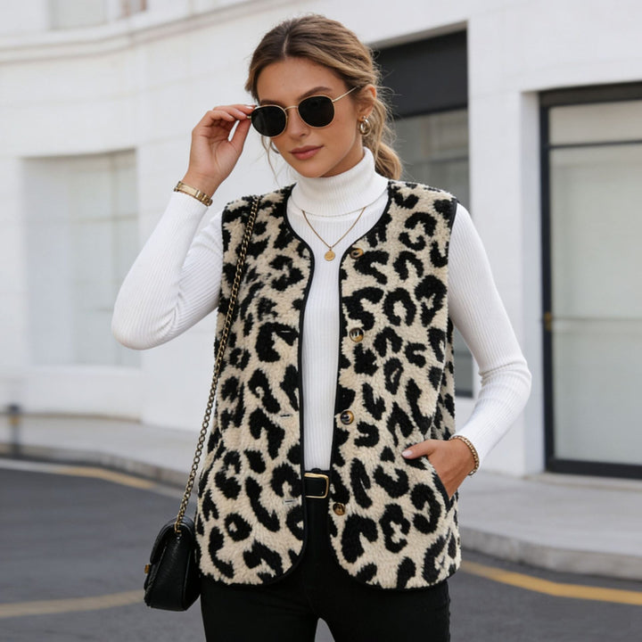 Women Sleeveless Teddy Vest with Leo Pattern, Button Placket and Curved Hem