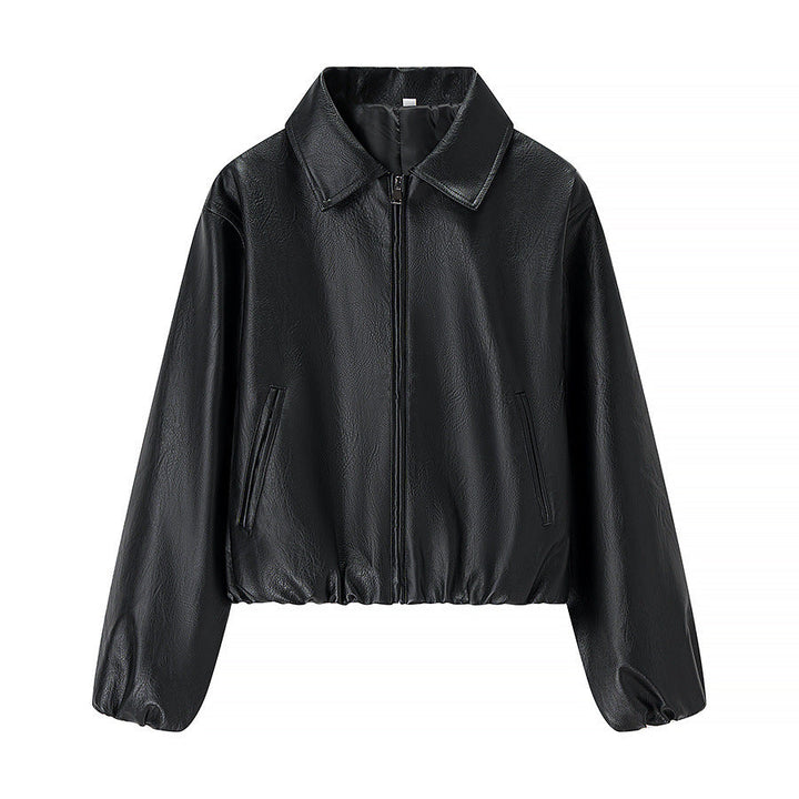 Women short cut leather imitation blouson with zip and elastic hem