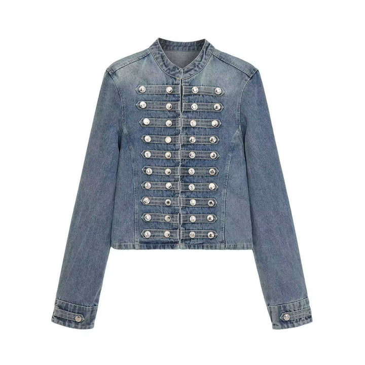 Women’s denim jacket in military style with row buttons and stand-up collar