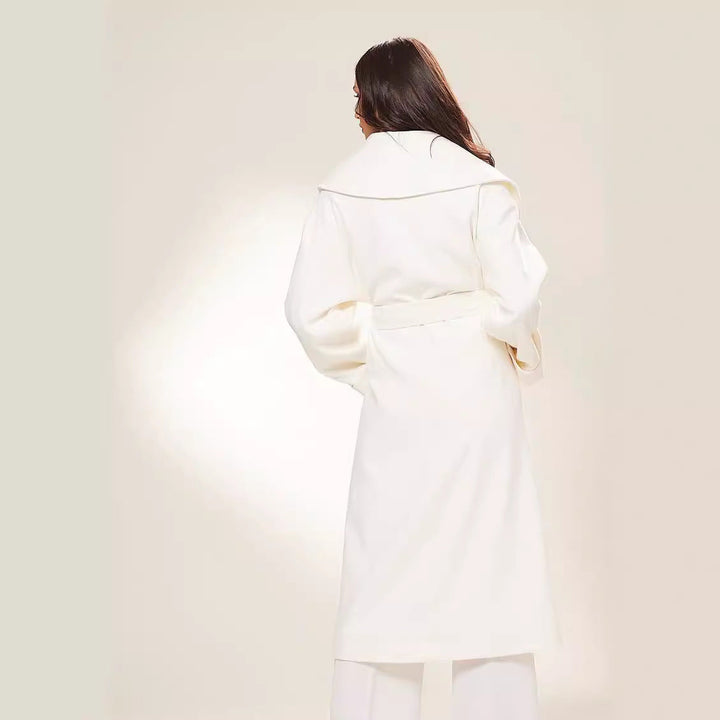 Women Long Oversized Wrap Coat with Generous Shawl Collar and Tie Belt