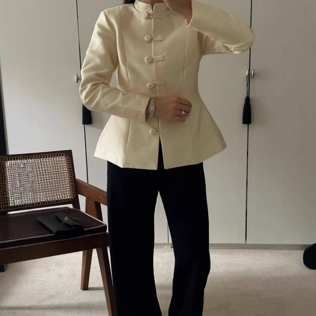 Women Chinese inspired jacket with stand-up collar and decorative knot closures