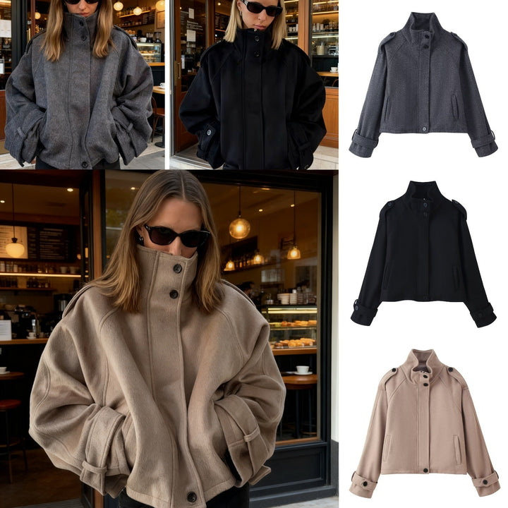 Women Short Wool Blend Jacket with Stand-Up Collar, Shoulder Flaps and Adjustable Cuffs