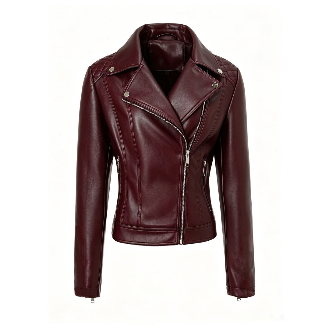 Women Tailored Leather Biker Jacket with Asymmetrical Zip