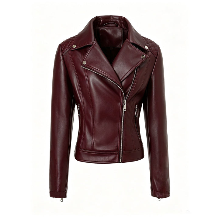 Women Tailored Leather Biker Jacket with Asymmetrical Zip