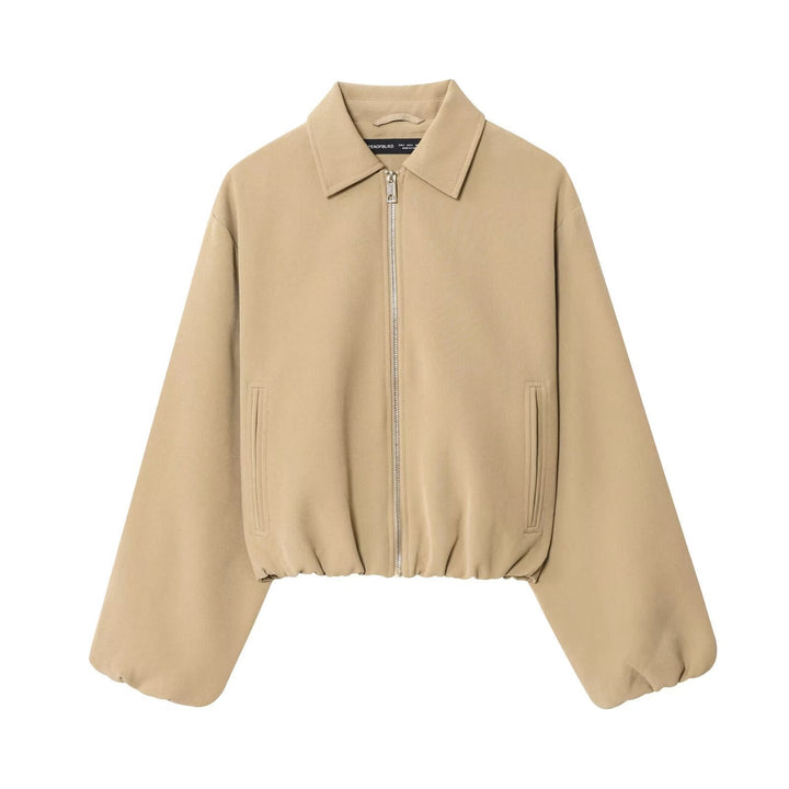 Women short jacket made of vegan leather with Kent collar, full-length zip and gathered hem