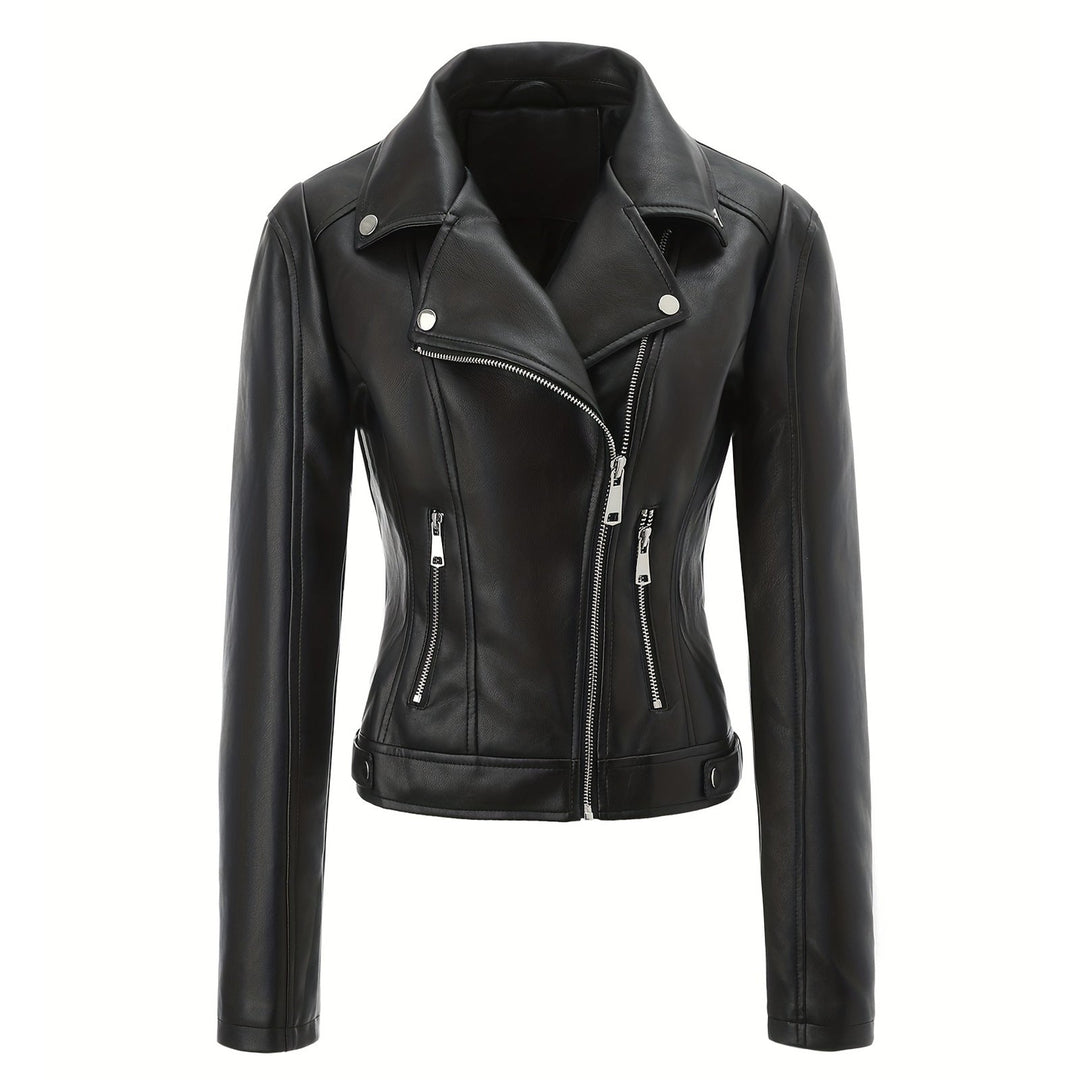 Women Tailored Biker Jacket in Leather Look with Asymmetrical Zip and Decorative Seams