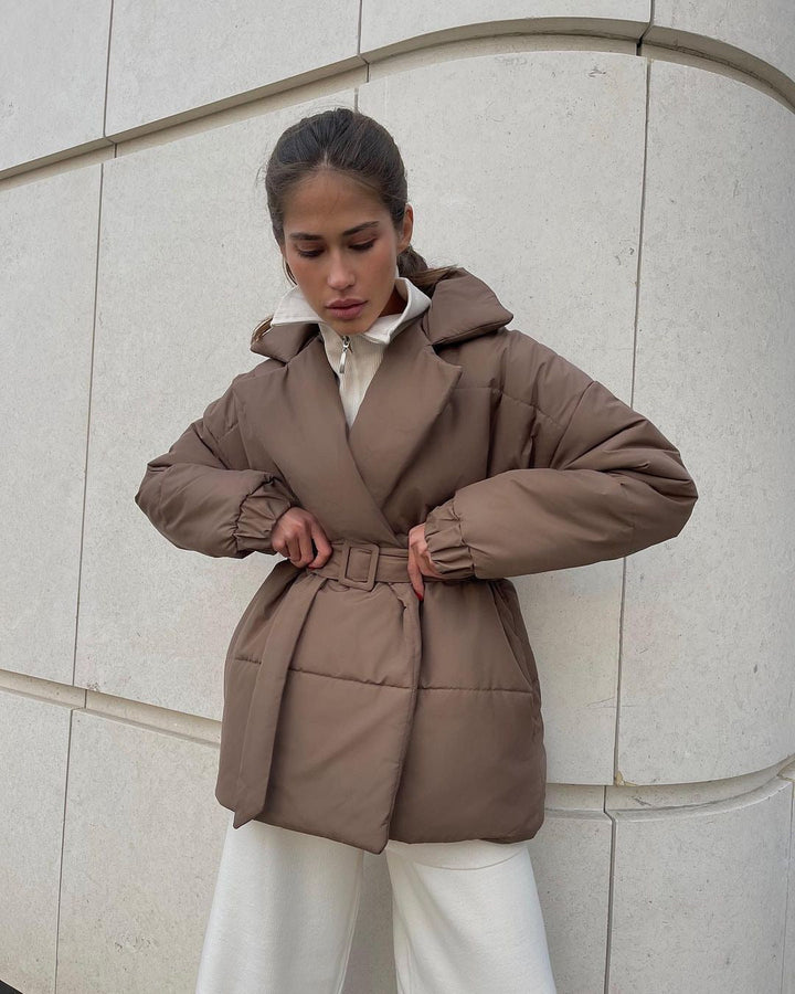 Women Padded Tailored Quilted Jacket with Belt and Hood
