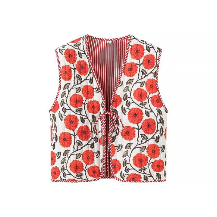 Women Patchwork Vest with Tie Band and V-Neck