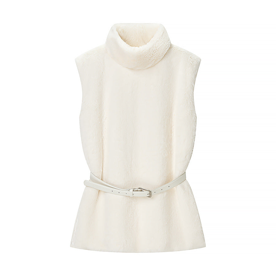 Ladies Sleeveless Faux Fur Vest with Turtleneck and Waist Belt