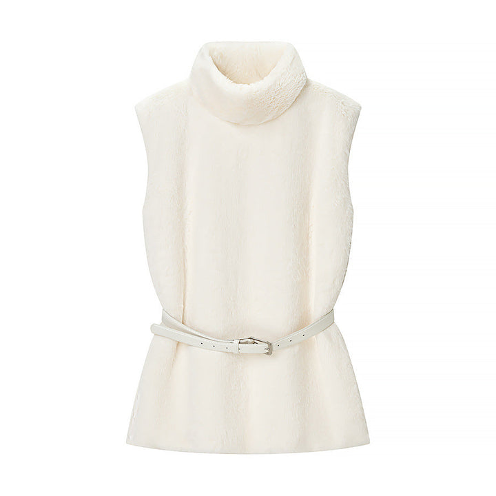 Ladies Sleeveless Faux Fur Vest with Turtleneck and Waist Belt
