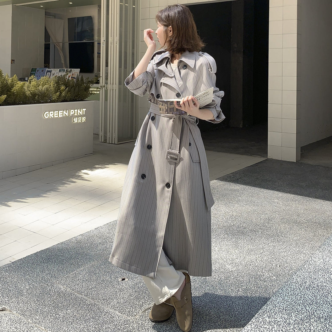 Women Elegant Maxi Long Pinstripe Trench with Shoulder Pads and Gathered Sleeves
