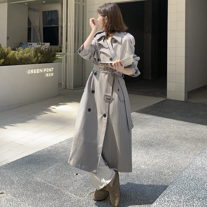 Women Elegant Maxi Long Pinstripe Trench with Shoulder Pads and Gathered Sleeves