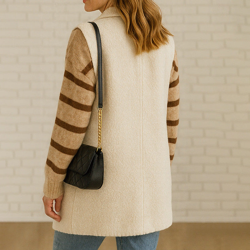 Women Long Sleeveless Boucle Vest with Double-Breasted Button Placket and Revere Collar