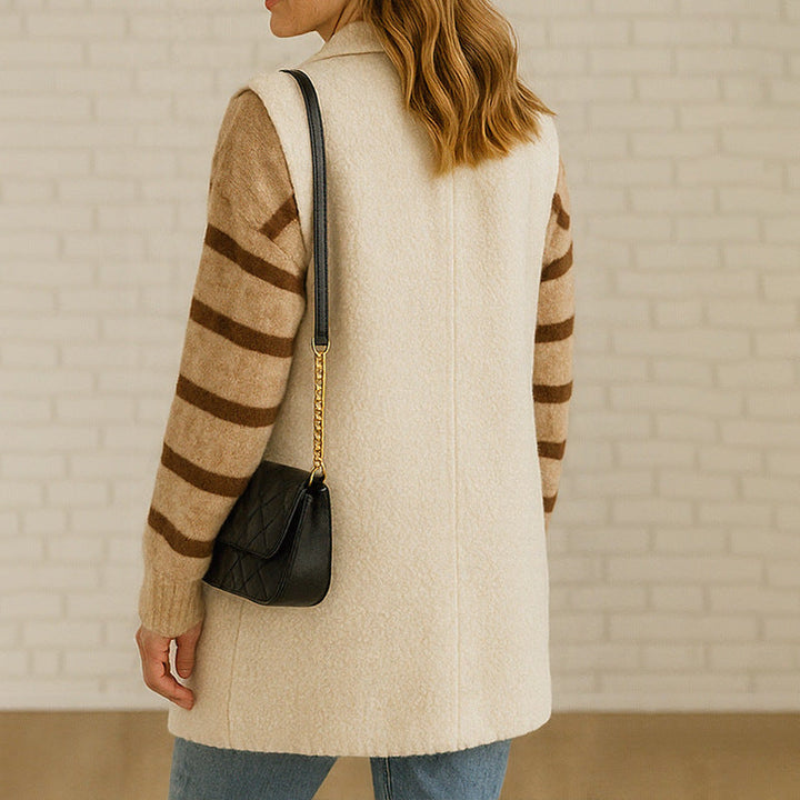Women Long Sleeveless Boucle Vest with Double-Breasted Button Placket and Revere Collar