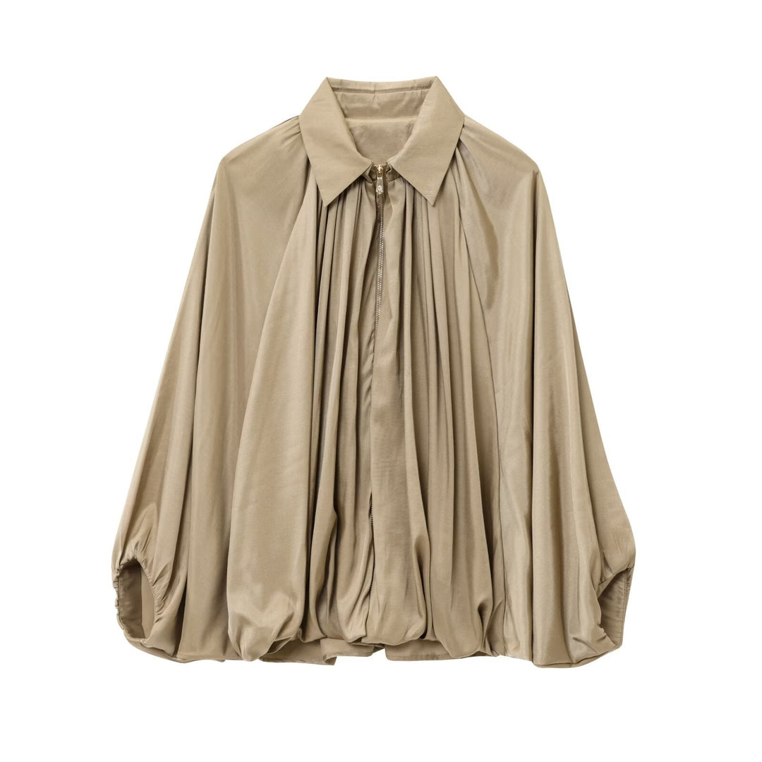 Women Wide Pleated Cape Transitional Jacket with Zip and Balloon-Shaped Hem