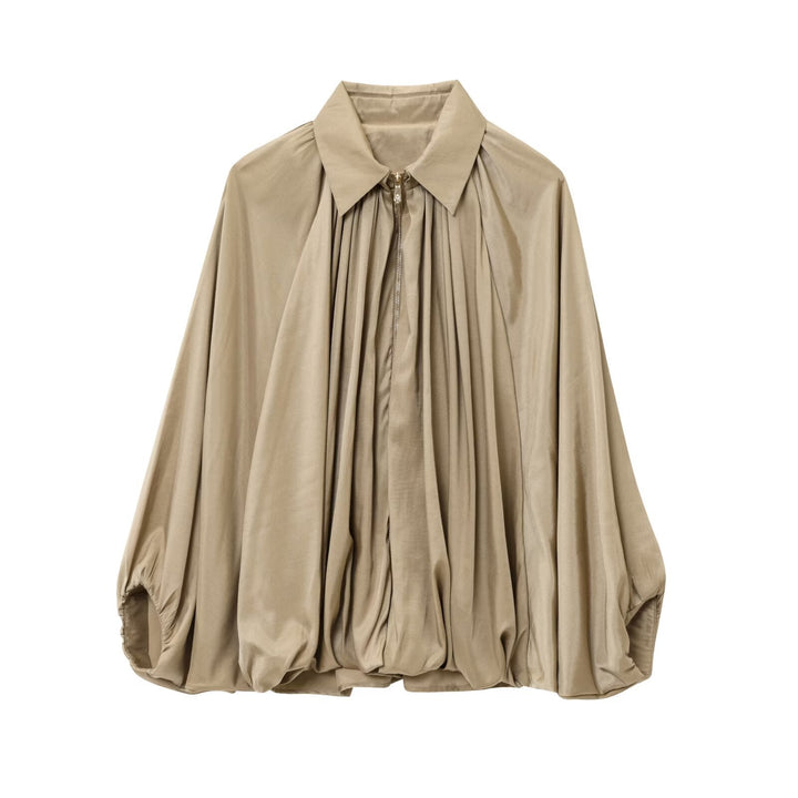 Women Wide Pleated Cape Transitional Jacket with Zip and Balloon-Shaped Hem