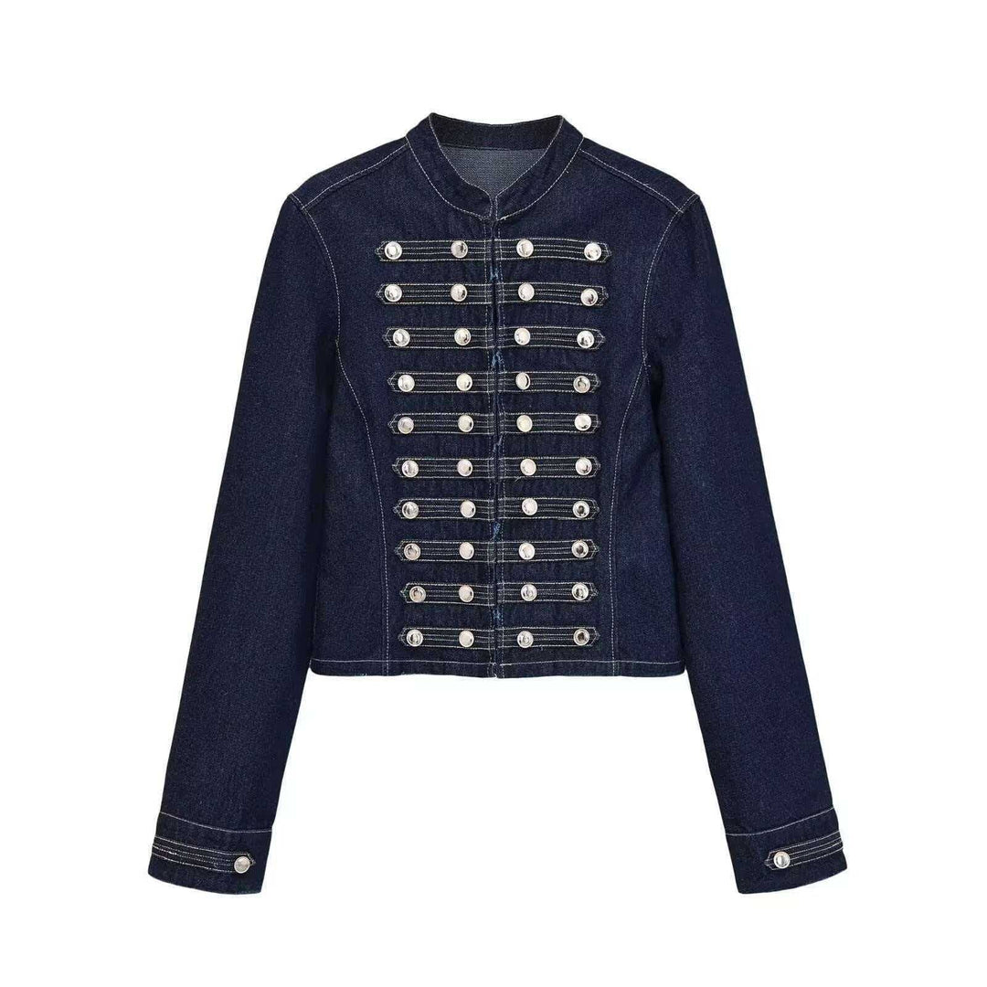 Women’s denim jacket in military style with row buttons and stand-up collar