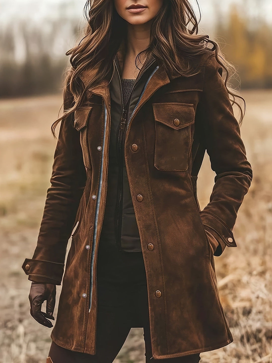 Women’s Long Suede Safari Jacket with Flap Pockets and Tailored Silhouette