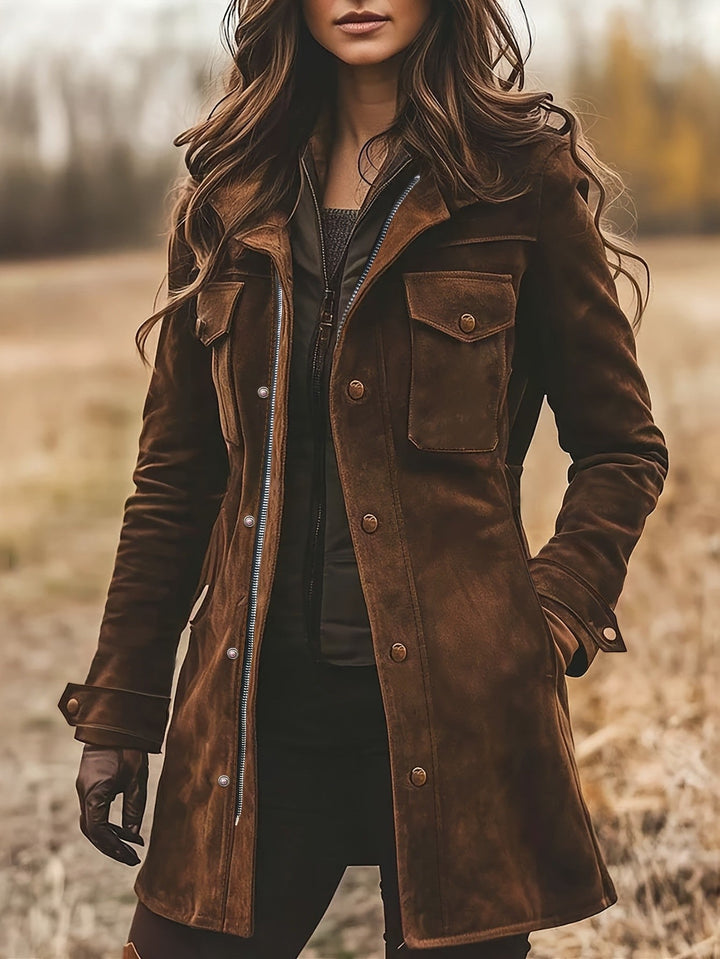 Women’s Long Suede Safari Jacket with Flap Pockets and Tailored Silhouette