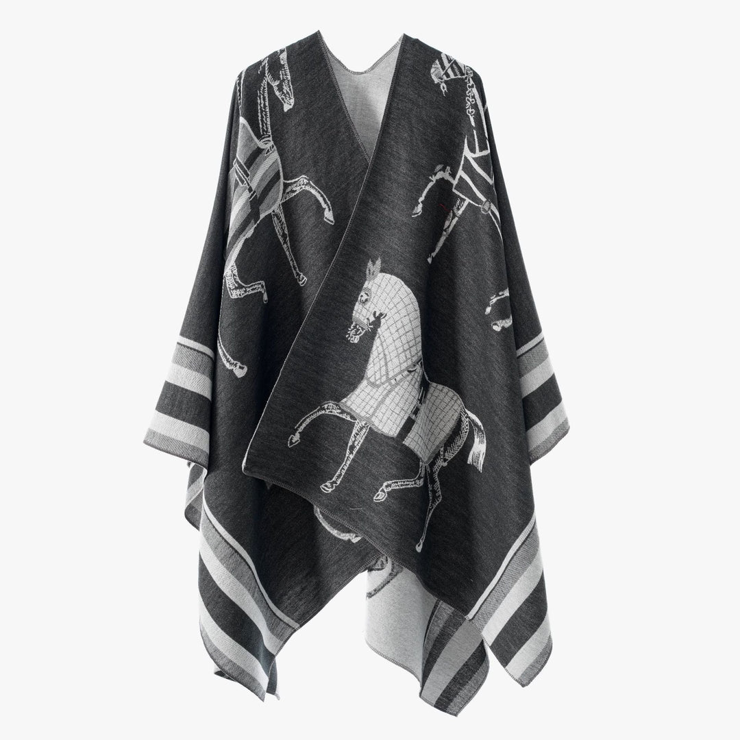 Women Jacquard Poncho Wrap with Horse Motif and Boxy Kimono Silhouette
