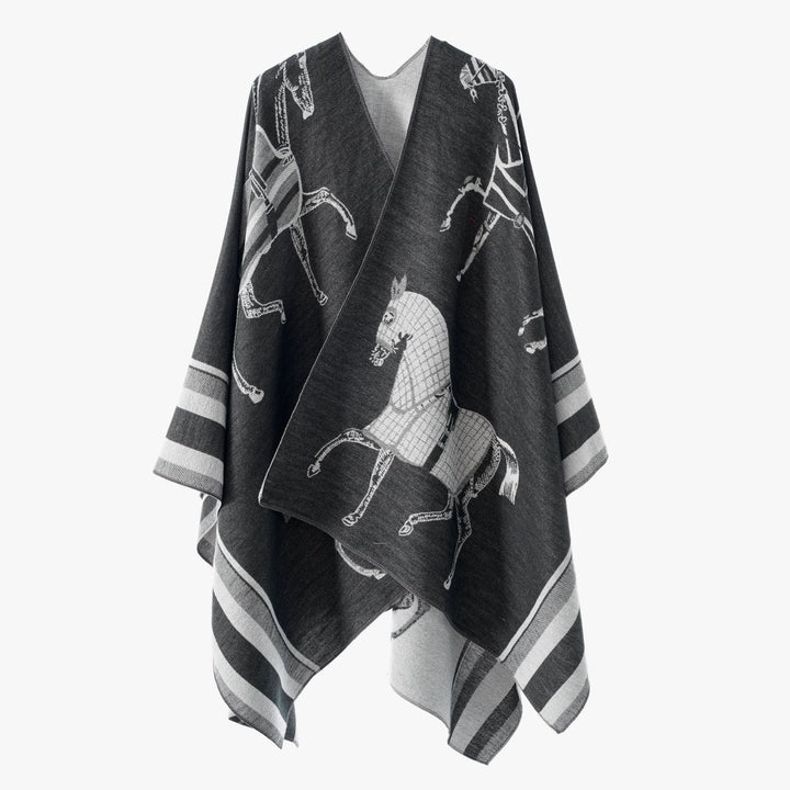 Women Jacquard Poncho Wrap with Horse Motif and Boxy Kimono Silhouette