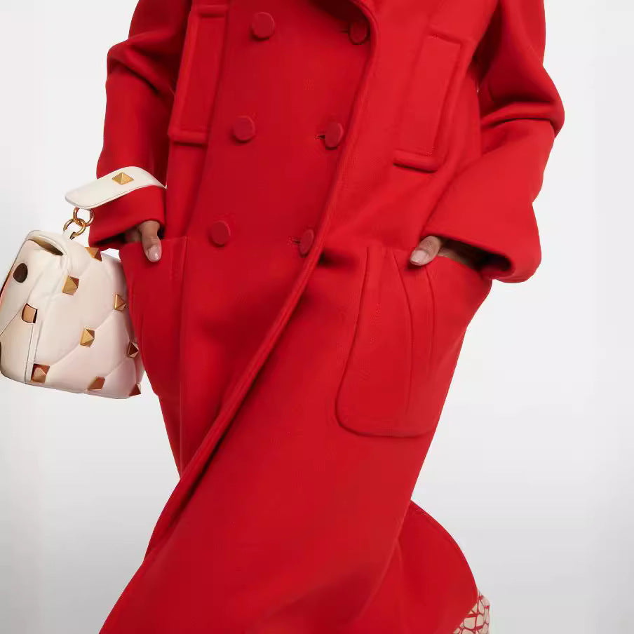 Women floor-length double-breasted wool-cashmere coat with wide lapels