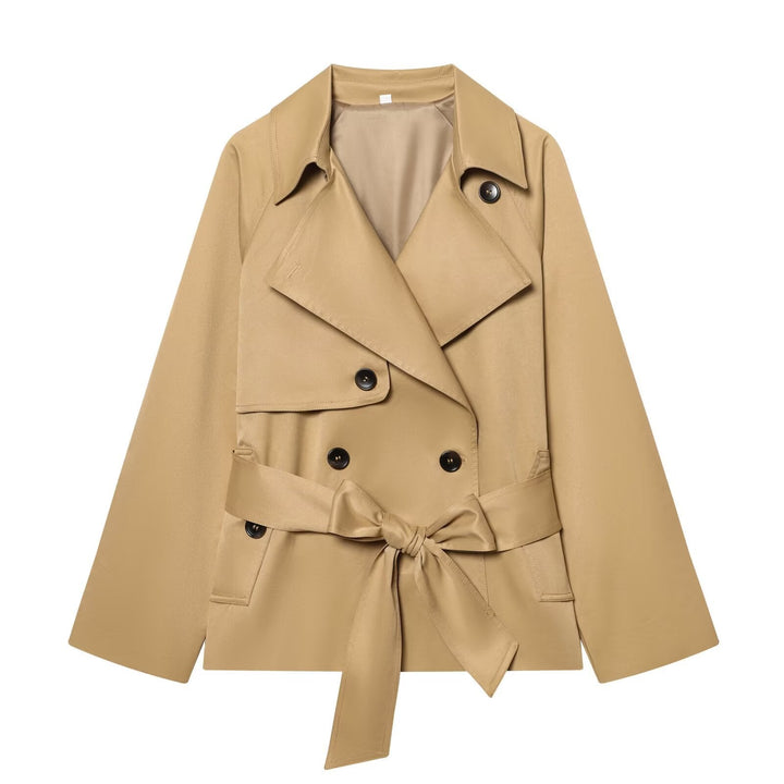 Women Cropped Waist Belt Trench Coat with Wide Lapels and Flap Pockets