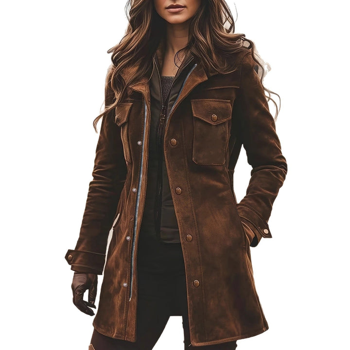 Women’s Long Suede Safari Jacket with Flap Pockets and Tailored Silhouette