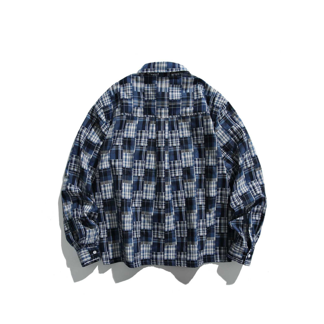 Unisex Patchwork Check Shirt Jacket in Oversize Boxy Cut with Chest Pocket and Kent Collar