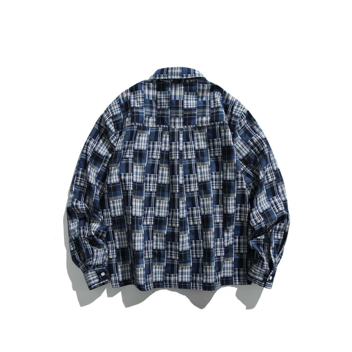 Unisex Patchwork Check Shirt Jacket in Oversize Boxy Cut with Chest Pocket and Kent Collar