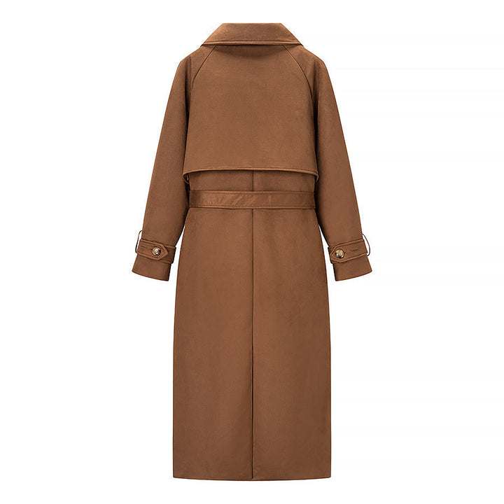 Women Long Double-breasted Coat in Trench Coat Style with Waist Belt and Sleeve Tabs