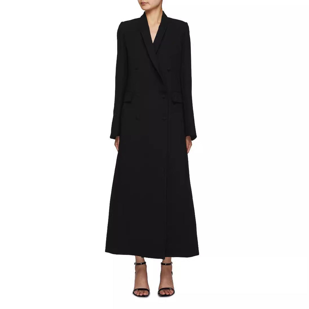 Women Double-Breasted Maxi Blazer Coat with Slim Silhouette