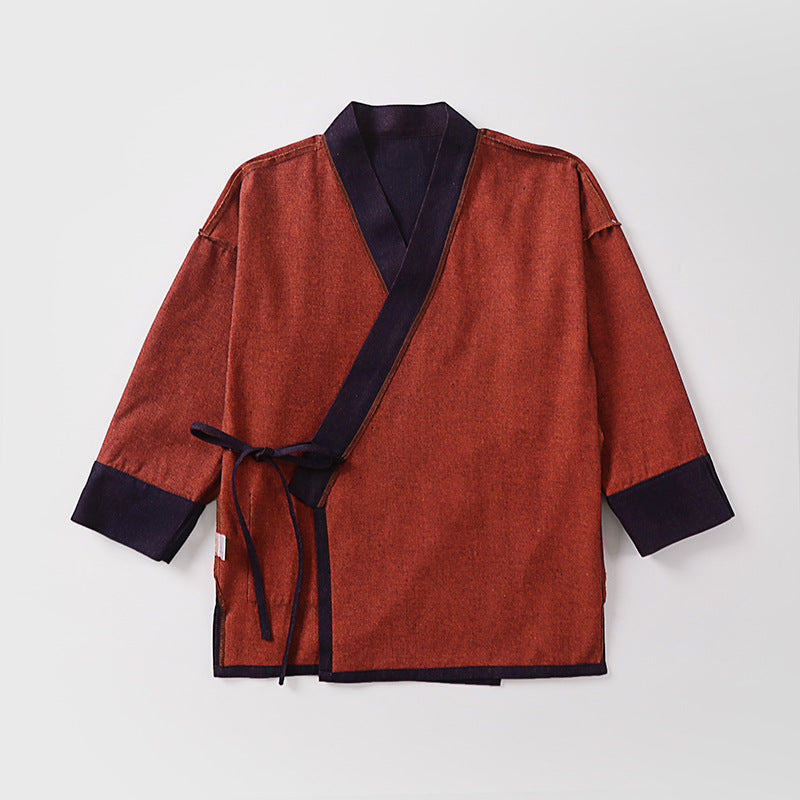 Unisex Lightweight Wrap Kimono Jacket made of Linen-Cotton Blend with Contrast Trim and Tie Belt