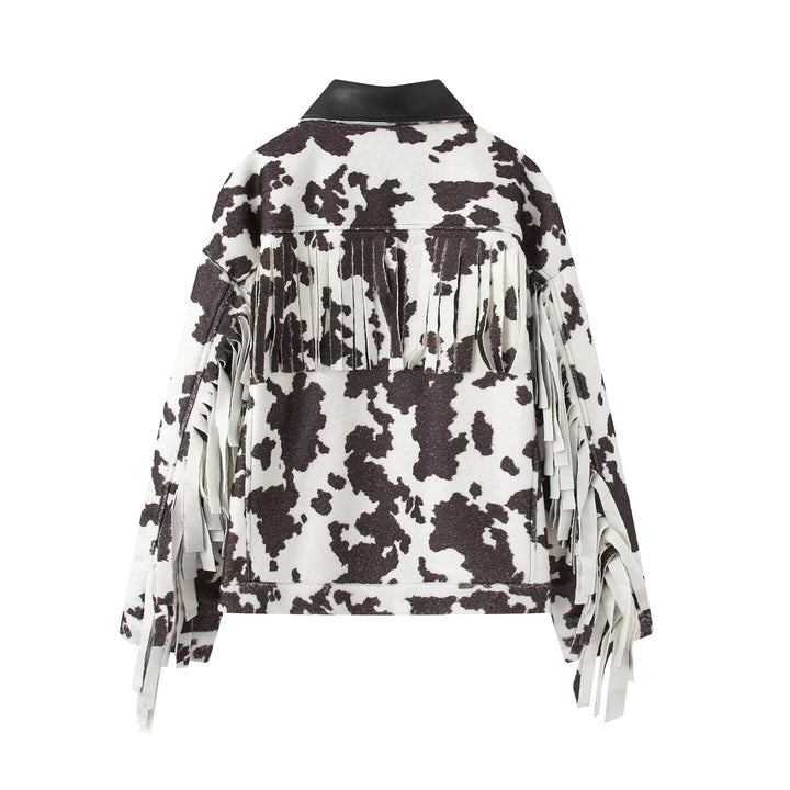 Women’s Short Jacket in Trucker Style with Cow Spot Pattern and Faux Leather Collar