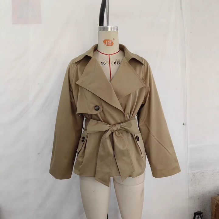Women Cropped Waist Belt Trench Coat with Wide Lapels and Flap Pockets