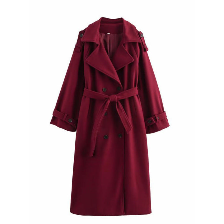 Women’s long double-breasted wool blend trench coat with belt and wide lapels