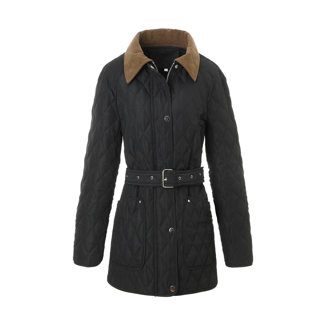 Women Long Padded Jacket-Coat with Tailored Belt and Contrast Cord Collar