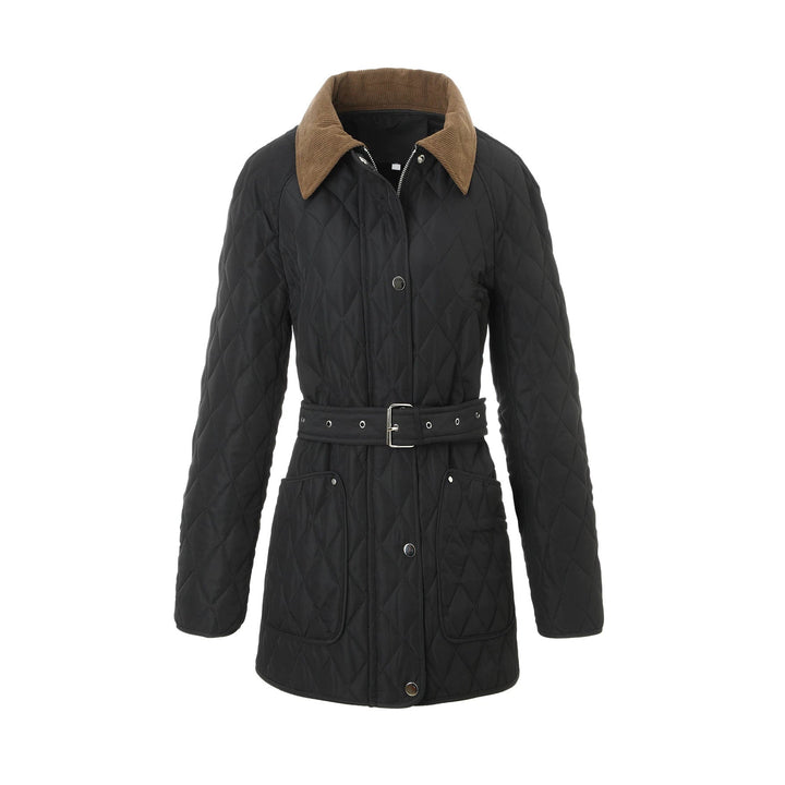 Women Long Padded Jacket-Coat with Tailored Belt and Contrast Cord Collar
