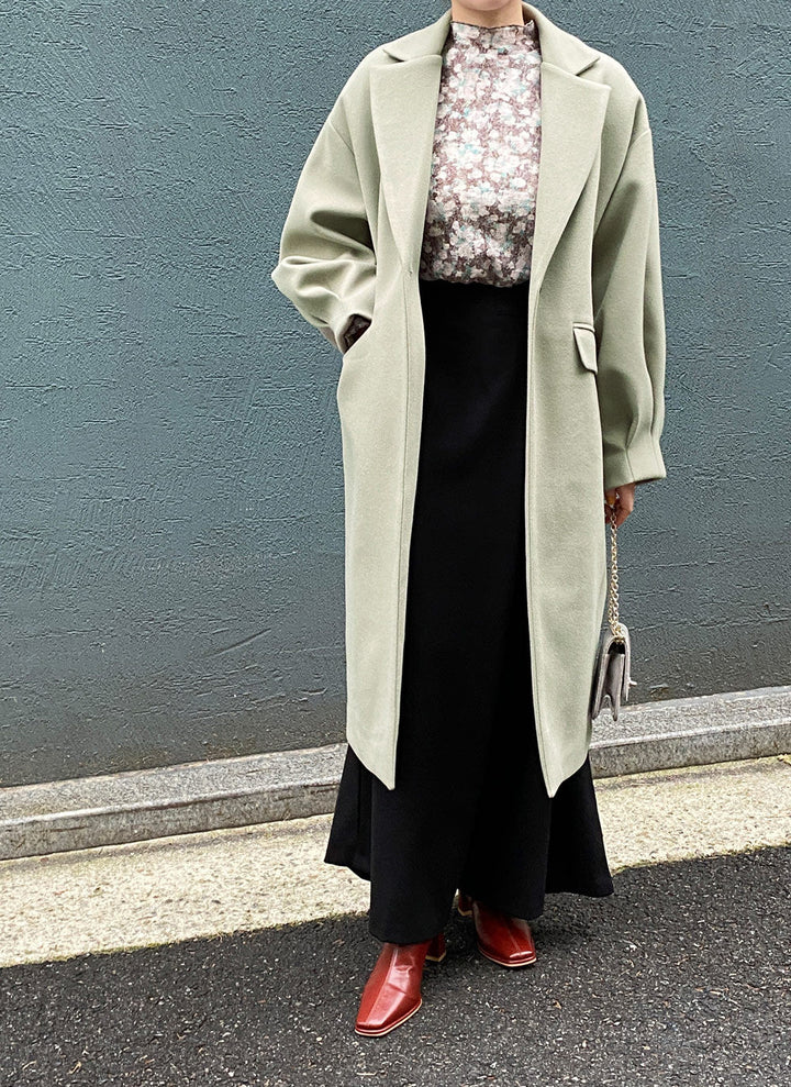 Women Longline Wool Blend Coat with boxy oversized fit and clean lapel