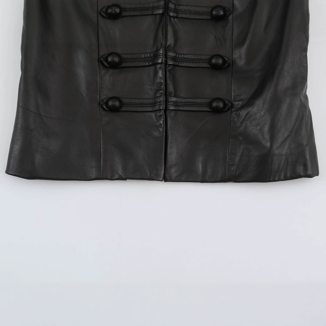 Women Short Leather-Look Jacket in Military Style with Stand-Up Collar and Decorative Button Placket