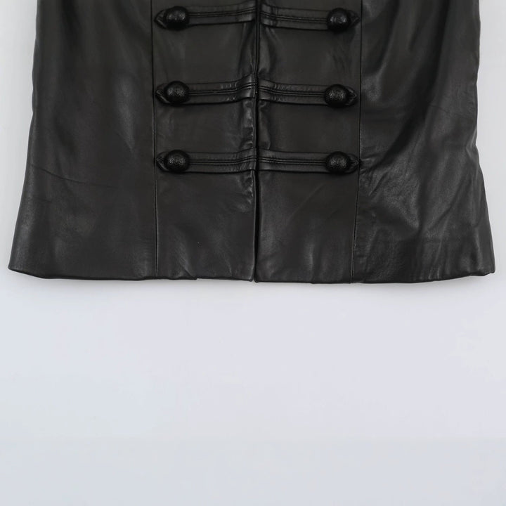 Women Short Leather-Look Jacket in Military Style with Stand-Up Collar and Decorative Button Placket